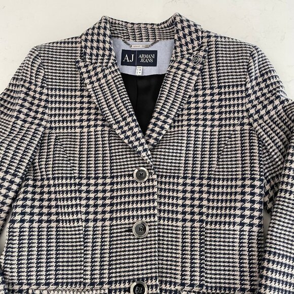 Armani Jeans 3 Button Houndstooth Lined Wool Poly Blend Blazer Navy Cream Sz 6 - Picture 3 of 15